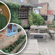 The Fountain's beer garden now has 320 additional plants surrounding the seating area following the £800 makeover. Pictured is pub owner for 18 years, Zoe Crowther and her partner John Hartley (inset) who worked to get the garden summer ready during