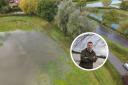 Guy Hayward and a view of the latest flooding situation on his fields this week