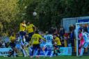 Ken Charles (left) heads in the second for St Albans City. Picture: JIM STANDEN