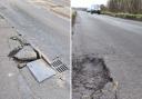 Pavement damage in Burwell (left) and potholes on Byall Fen Drove, Manea taken in February, which Cambridgeshire County Council is unsure if these can be permanently repaired.