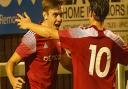 Jordan Foster celebrates after scoring the fifth goal for Ely City vs March Town.