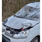 The van after it was smashed by a tree in Elveden, north Suffolk