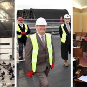 Cambs County Council met (left) at Duxford because of Covid, not having space (right) at Shire Hall. But (centre) a new HQ has been ‘topped out’ at Alconbury; a post-pandemic world will, however, change working practices.