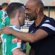 Match winner Sam Mulready (left) is hugged by Matt Clements after Soham's FA Trophy win over Shepshed Dynamo.