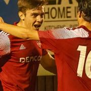 Jordan Foster celebrates after scoring the fifth goal for Ely City vs March Town.