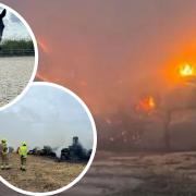 A fire destroyed £15,000 worth of hay at The Old Tiger Stables in Soham. Inset: Lorraine Webster, the owner, and fire crews at the scene.