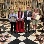 His Honour Neil McKittrick (chairman) with the Rt Rev Dr Dagmar Winter and Mary Slark and Jayne White at the presentation.