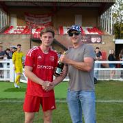 Man of the Match Tom Stoker with sponsor Kevin Chivers.