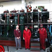 Patrick Cox, John Setchfield, and Oliver Hopkin, former engine drivers and current engine drivers of the Mirrlees.