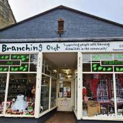 Branching Out festive shop window in Littleport High Street .